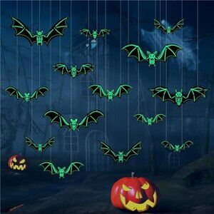 12pcs Glow-in-the-Dark 3D Hanging Flying Bats Decorations